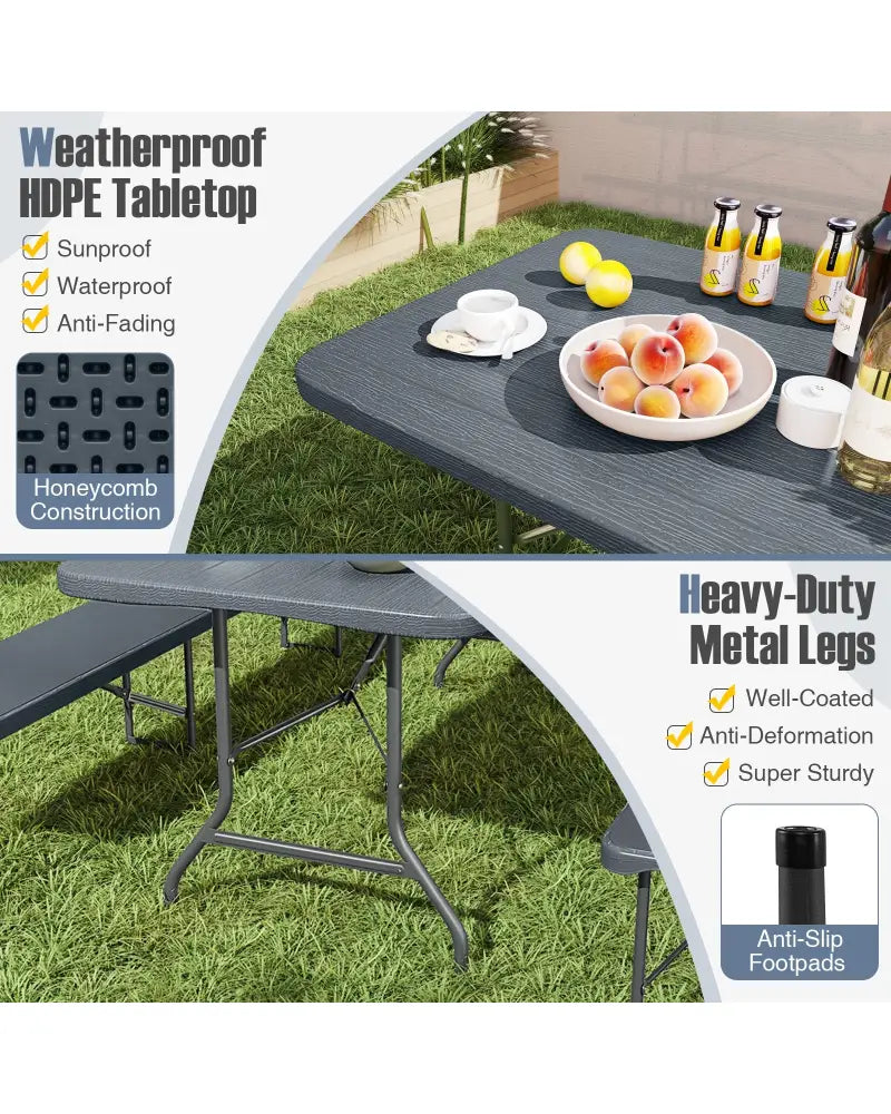 6 Feet Folding Table with Wood Grain HDPE Tabletop and Safe Lock Mechanism-Gray - Gray - Picnic Tables