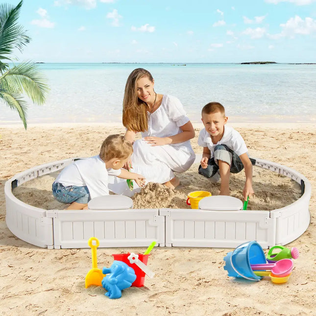 6 Feet Kids Oval Sandbox with Built-in Corner Seat and Bottom Liner-White - White - Sandboxes