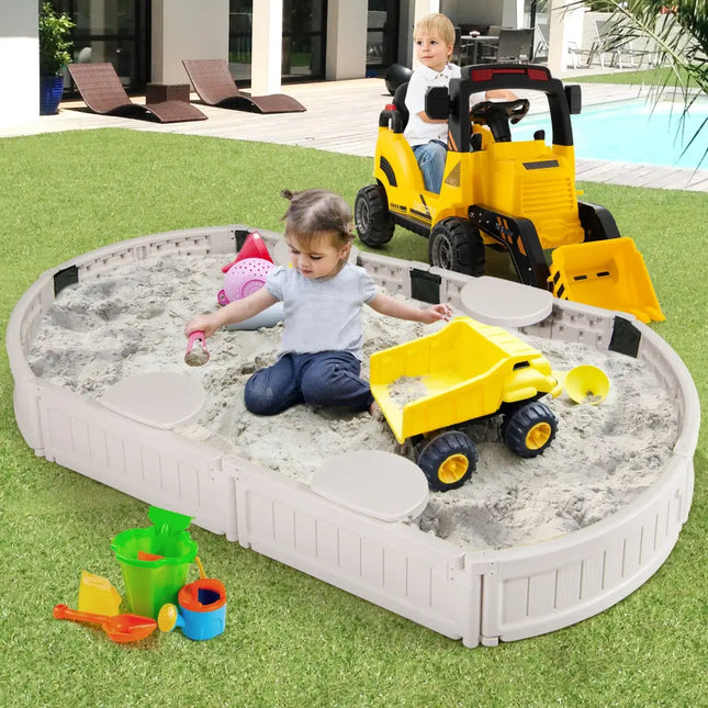 6 Feet Kids Oval Sandbox with Built-in Corner Seat and Bottom Liner-White - White - Sandboxes