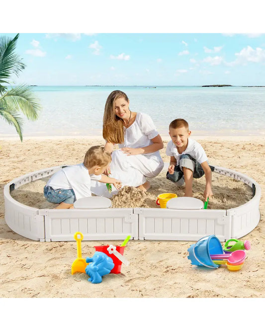 6 Feet Kids Oval Sandbox with Built-in Corner Seat and Bottom Liner-White - White - Sandboxes