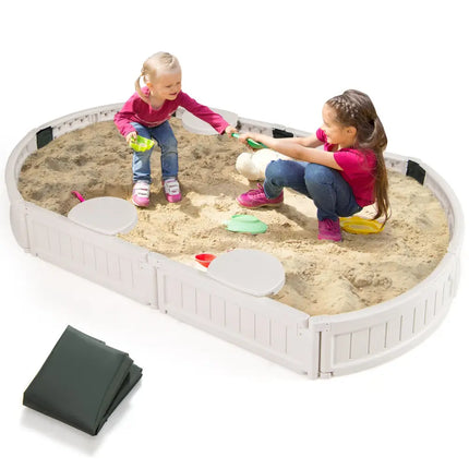 6 Feet Kids Oval Sandbox with Built-in Corner Seat and Bottom Liner-White - White - Sandboxes