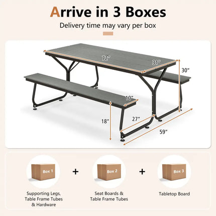 6 Feet Outdoor Picnic Table Bench Set for 6-8 People-Gray - Gray - Picnic Tables