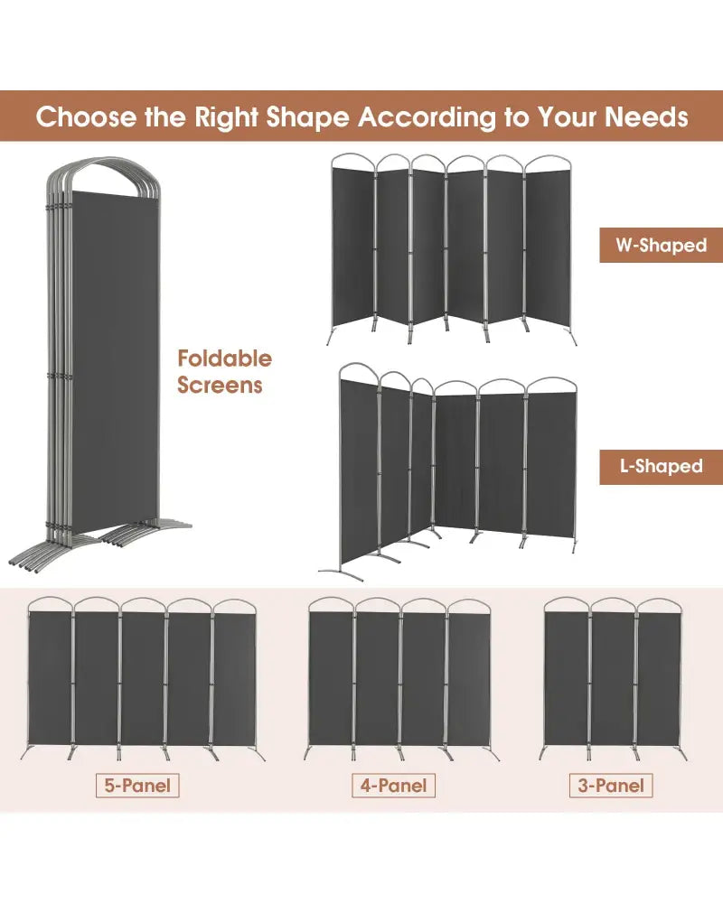 6 Feet 6-Panels Freestanding Folding Privacy Screen-Gray - Gray - Room Dividers
