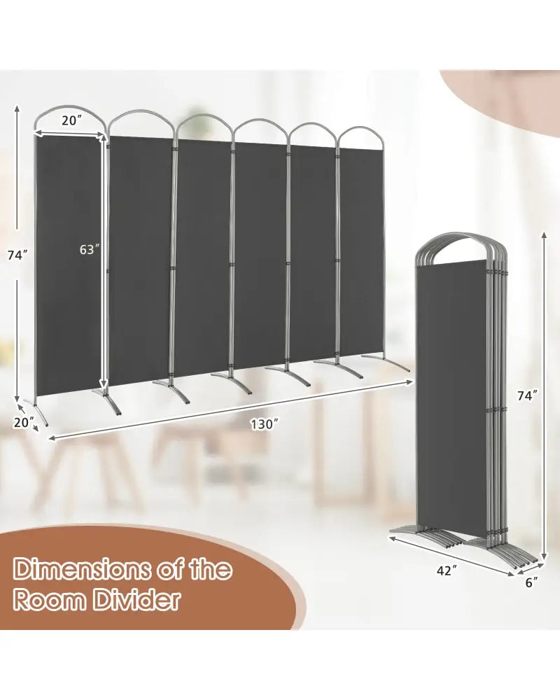 6 Feet 6-Panels Freestanding Folding Privacy Screen-Gray - Gray - Room Dividers