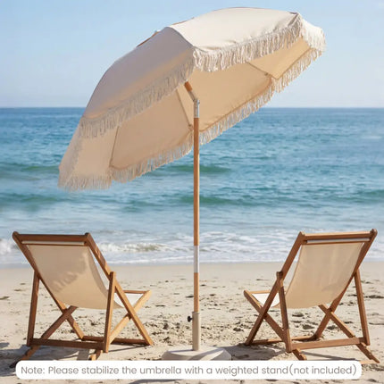 6 Feet Patio Umbrella with Fringe with Push Button Tilt and Wood Pole-White - White - Outdoor Umbrellas