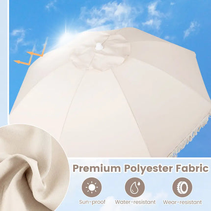 6 Feet Patio Umbrella with Fringe with Push Button Tilt and Wood Pole-White - White - Outdoor Umbrellas