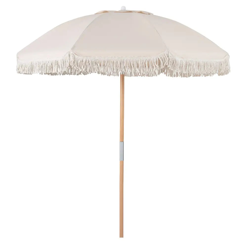 6 Feet Patio Umbrella with Fringe with Push Button Tilt and Wood Pole-White - White - Outdoor Umbrellas