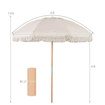 6 Feet Patio Umbrella with Fringe with Push Button Tilt and Wood Pole-White - White - Outdoor Umbrellas