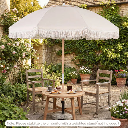6 Feet Patio Umbrella with Fringe with Push Button Tilt and Wood Pole-White - White - Outdoor Umbrellas