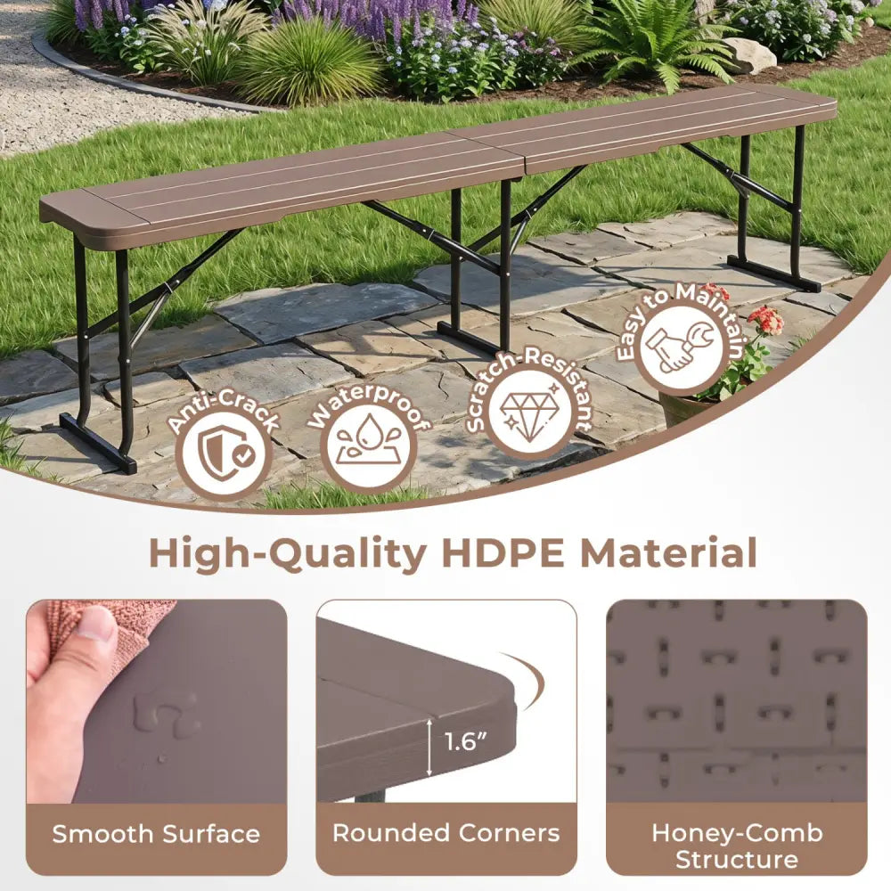 6 Feet Plastic Folding Bench Picnic Camping Dining Seat with Carrying Handle-coffee - Coffee - Camping Furniture