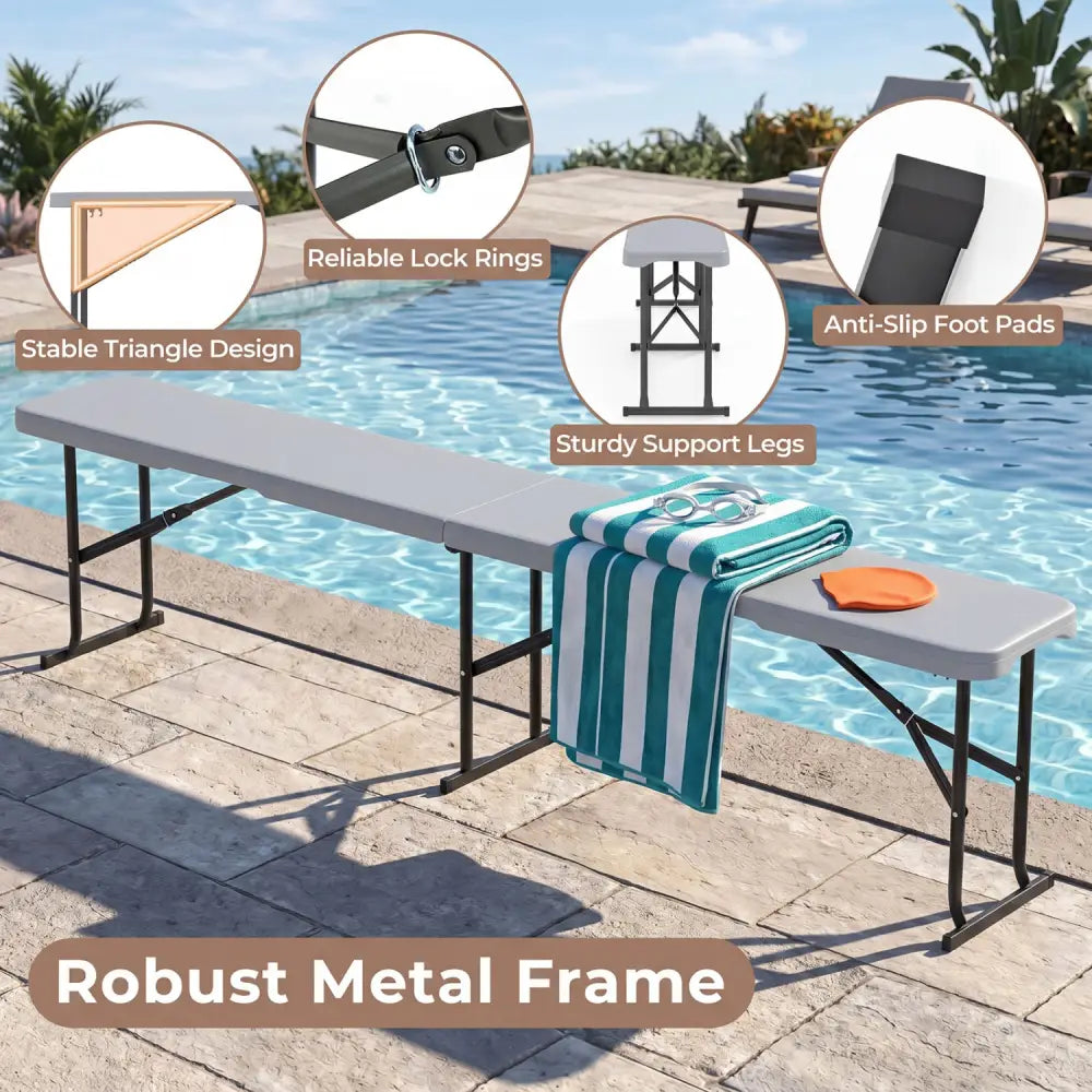 6 Feet Plastic Folding Bench Picnic Camping Dining Seat with Carrying Handle-Light Gray - Light Gray - Camping Furniture