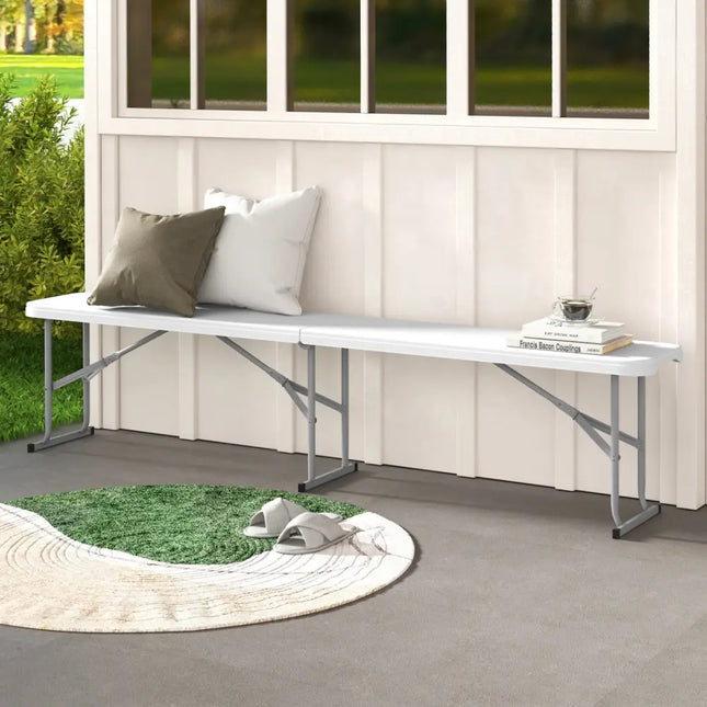 6 Feet Plastic Folding Bench Picnic Camping Dining Seat with Carrying Handle-White - White - Camping Furniture