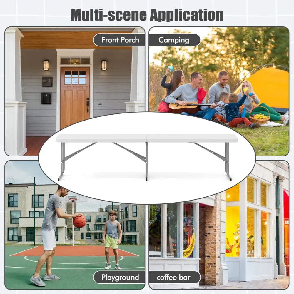 6 Feet Plastic Folding Bench Picnic Camping Dining Seat with Carrying Handle-White - White - Camping Furniture