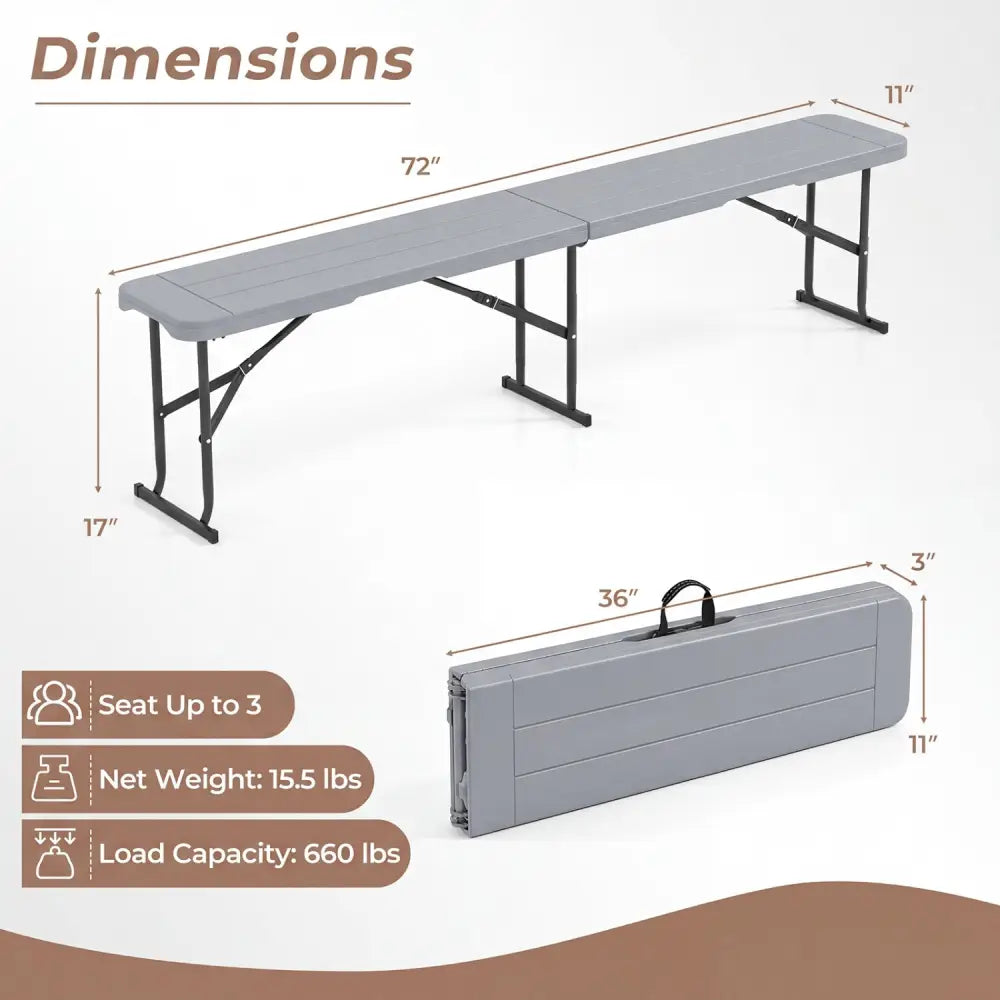 6 Feet Plastic Folding Bench Picnic Camping Dining Seat with Carrying Handle-Gray - Gray - Camping Furniture
