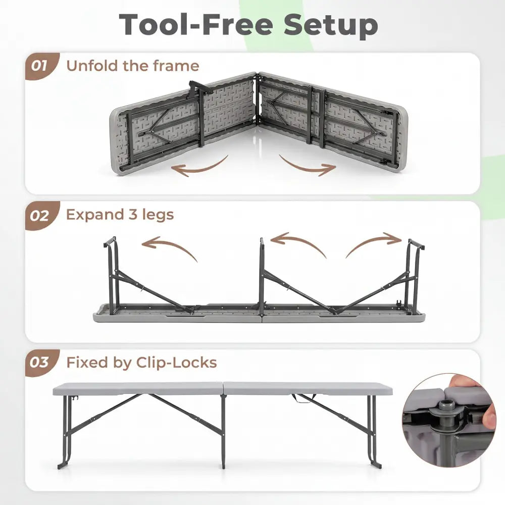 6 Feet Plastic Folding Bench Picnic Camping Dining Seat with Carrying Handle-Light Gray - Light Gray - Camping Furniture