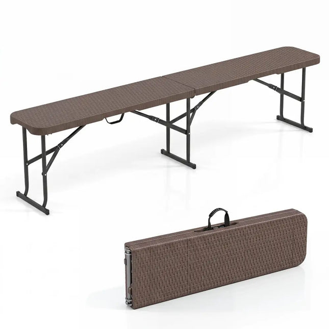 6 Feet Plastic Folding Bench Picnic Camping Dining Seat with Carrying Handle-Brown - Brown - Camping Furniture