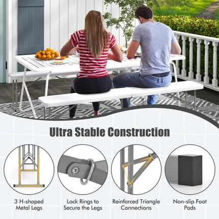 6 Feet Plastic Folding Bench Picnic Camping Dining Seat with Carrying Handle-White - White - Camping Furniture