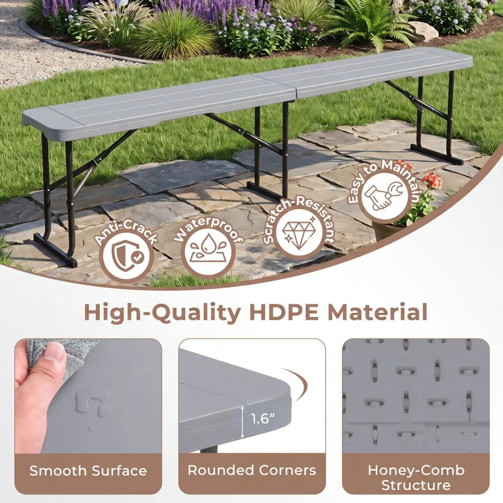 6 Feet Plastic Folding Bench Picnic Camping Dining Seat with Carrying Handle-Gray - Gray - Camping Furniture