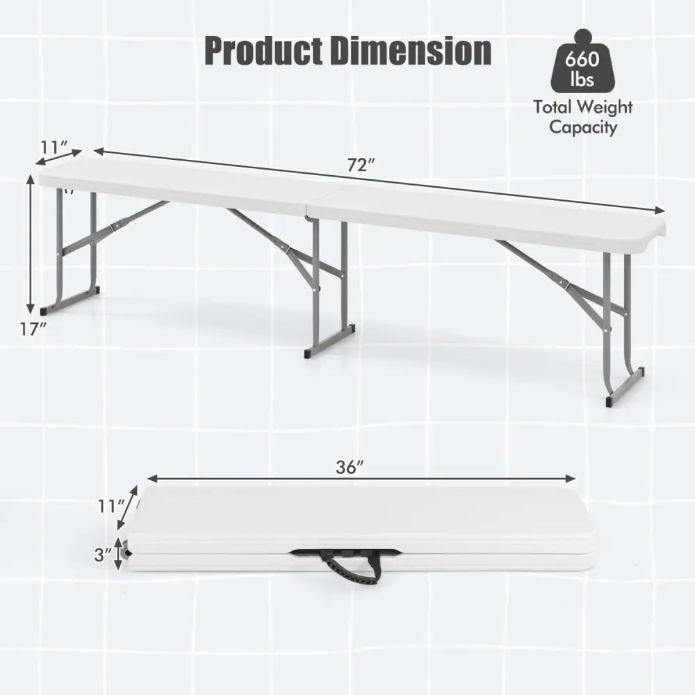6 Feet Plastic Folding Bench Picnic Camping Dining Seat with Carrying Handle-White - White - Camping Furniture