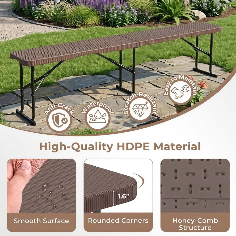 6 Feet Plastic Folding Bench Picnic Camping Dining Seat with Carrying Handle-Brown - Brown - Camping Furniture