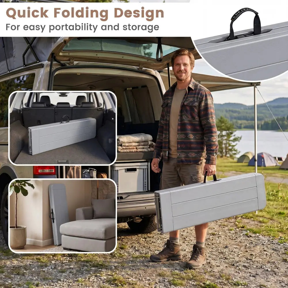 6 Feet Plastic Folding Bench Picnic Camping Dining Seat with Carrying Handle-Gray - Gray - Camping Furniture