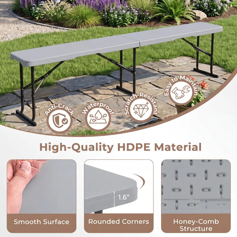 6 Feet Plastic Folding Bench Picnic Camping Dining Seat with Carrying Handle-Light Gray - Light Gray - Camping Furniture