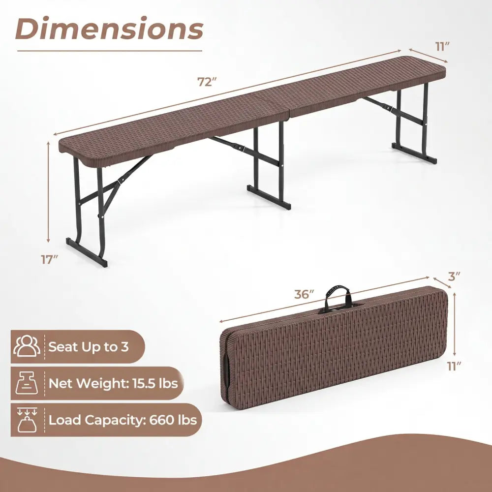 6 Feet Plastic Folding Bench Picnic Camping Dining Seat with Carrying Handle-Brown - Brown - Camping Furniture