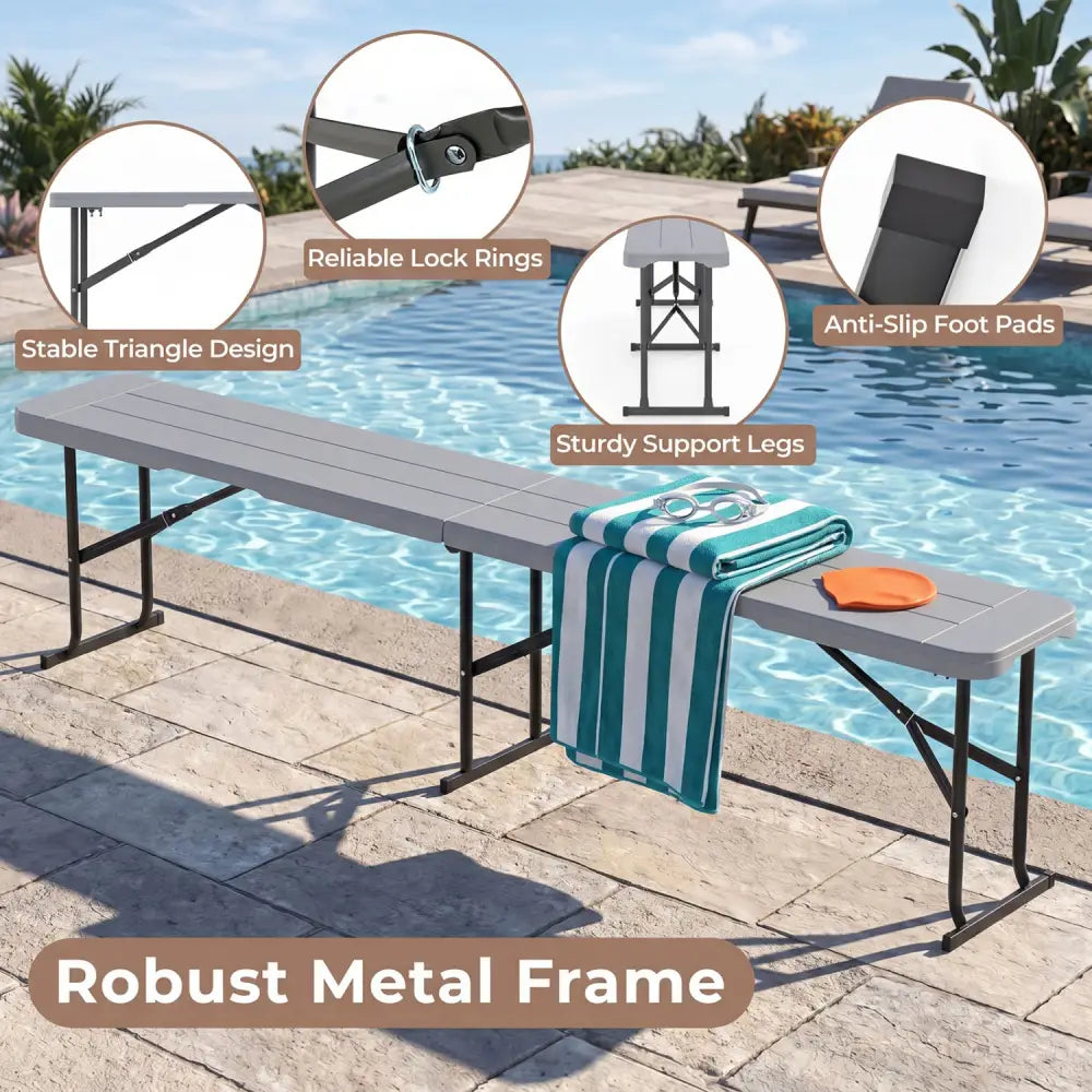 6 Feet Plastic Folding Bench Picnic Camping Dining Seat with Carrying Handle-Gray - Gray - Camping Furniture