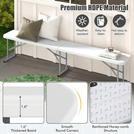 6 Feet Plastic Folding Bench Picnic Camping Dining Seat with Carrying Handle-White - White - Camping Furniture