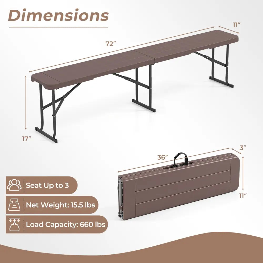 6 Feet Plastic Folding Bench Picnic Camping Dining Seat with Carrying Handle-coffee - Coffee - Camping Furniture
