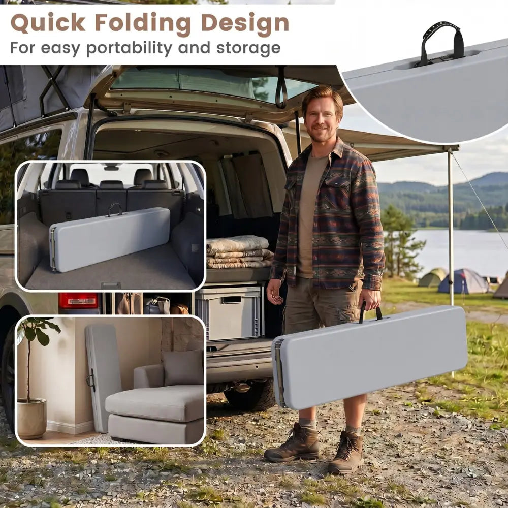 6 Feet Plastic Folding Bench Picnic Camping Dining Seat with Carrying Handle-Light Gray - Light Gray - Camping Furniture
