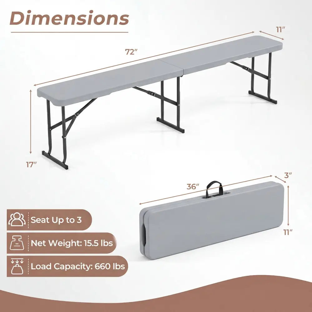 6 Feet Plastic Folding Bench Picnic Camping Dining Seat with Carrying Handle-Light Gray - Light Gray - Camping Furniture