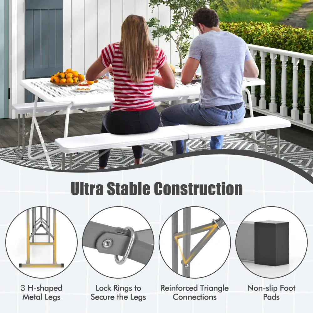 6 Feet Plastic Folding Bench Picnic Camping Dining Seat with Carrying Handle-White - White - Camping Furniture