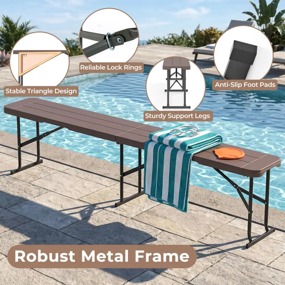 6 Feet Plastic Folding Bench Picnic Camping Dining Seat with Carrying Handle-coffee - Coffee - Camping Furniture