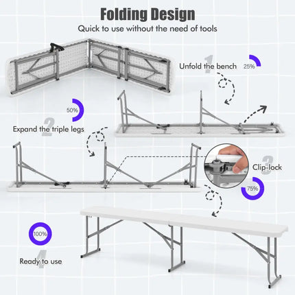 6 Feet Plastic Folding Bench Picnic Camping Dining Seat with Carrying Handle-White - White - Camping Furniture