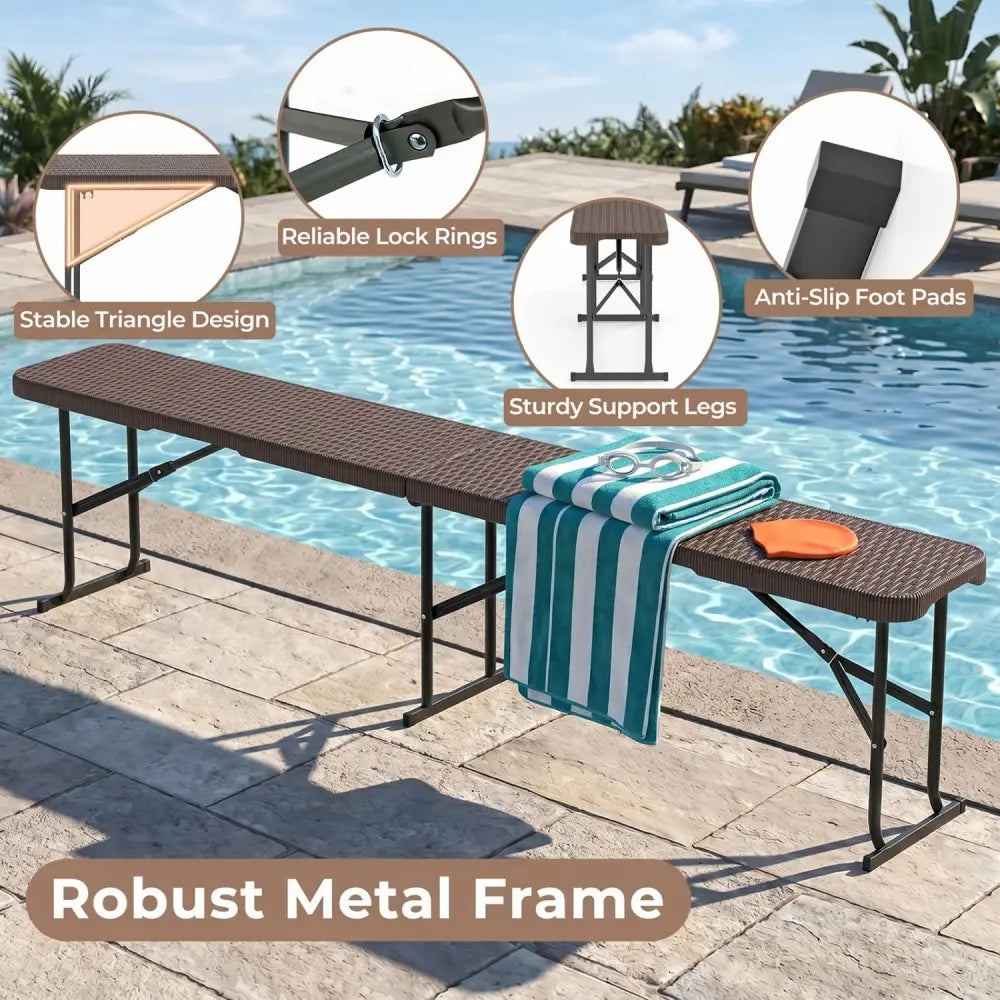 6 Feet Plastic Folding Bench Picnic Camping Dining Seat with Carrying Handle-Brown - Brown - Camping Furniture