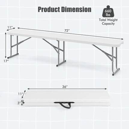6 Feet Plastic Folding Bench Picnic Camping Dining Seat with Carrying Handle-White - White - Camping Furniture