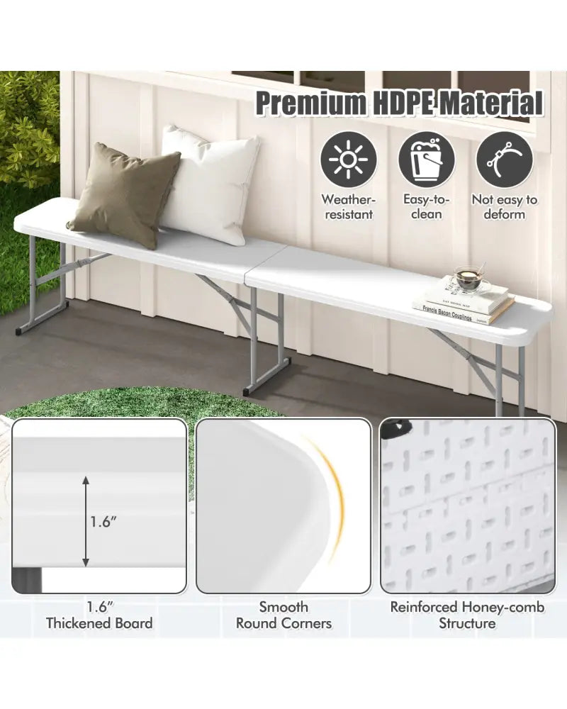 6 Feet Plastic Folding Bench Portable Seat with Handle and Lock-White - White - Outdoor Benches