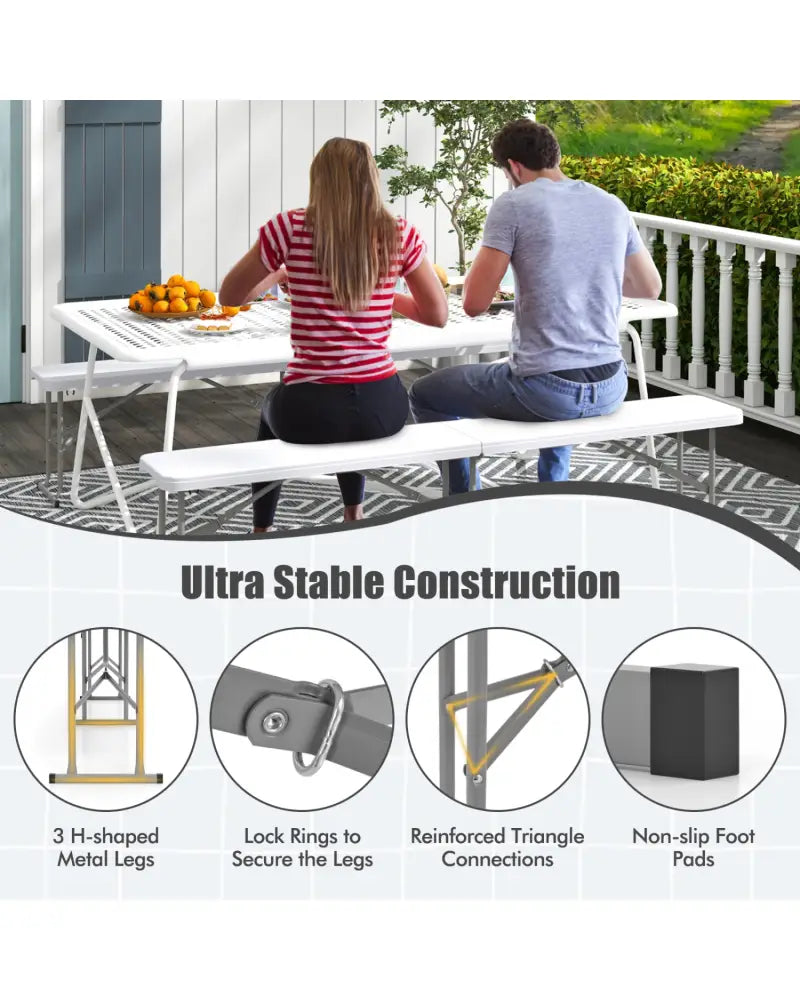 6 Feet Plastic Folding Bench Portable Seat with Handle and Lock-White - White - Outdoor Benches
