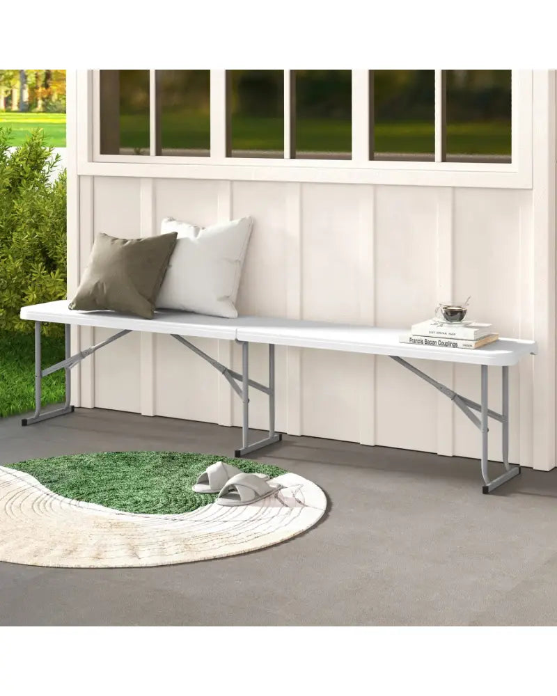 6 Feet Plastic Folding Bench Portable Seat with Handle and Lock-White - White - Outdoor Benches