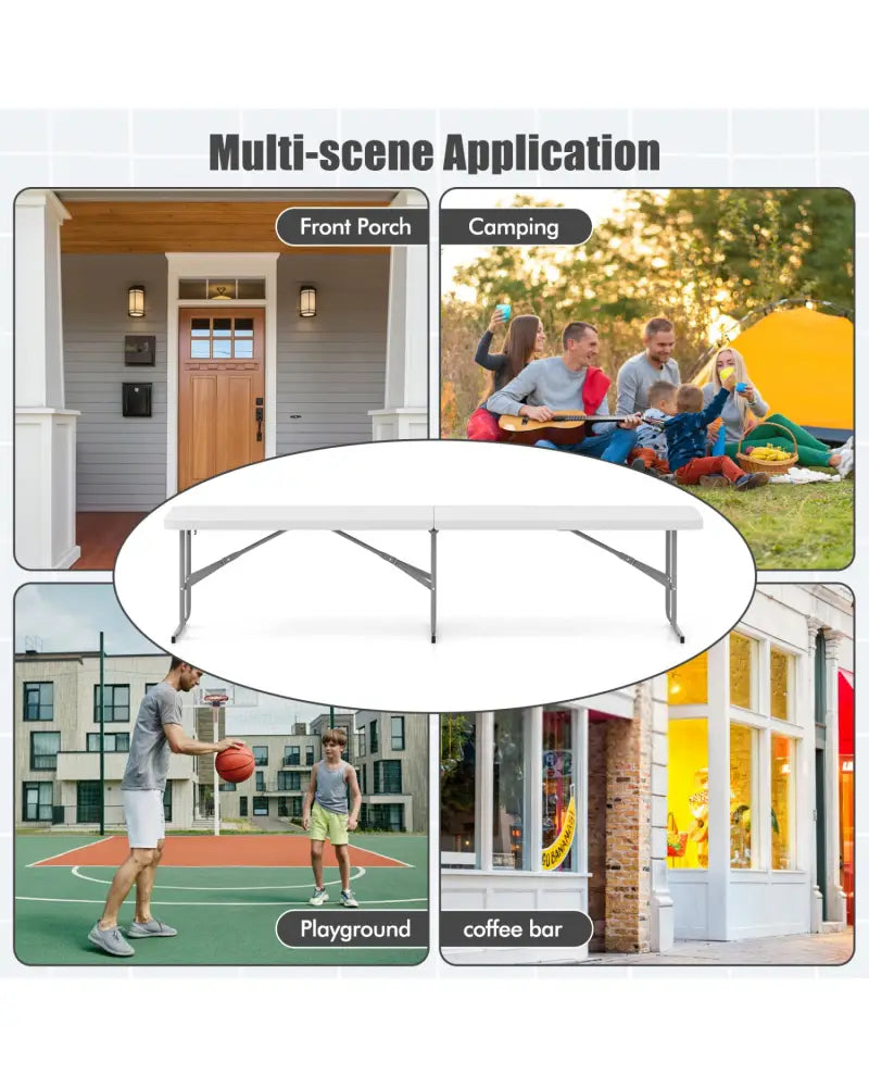 6 Feet Plastic Folding Bench Portable Seat with Handle and Lock-White - White - Outdoor Benches