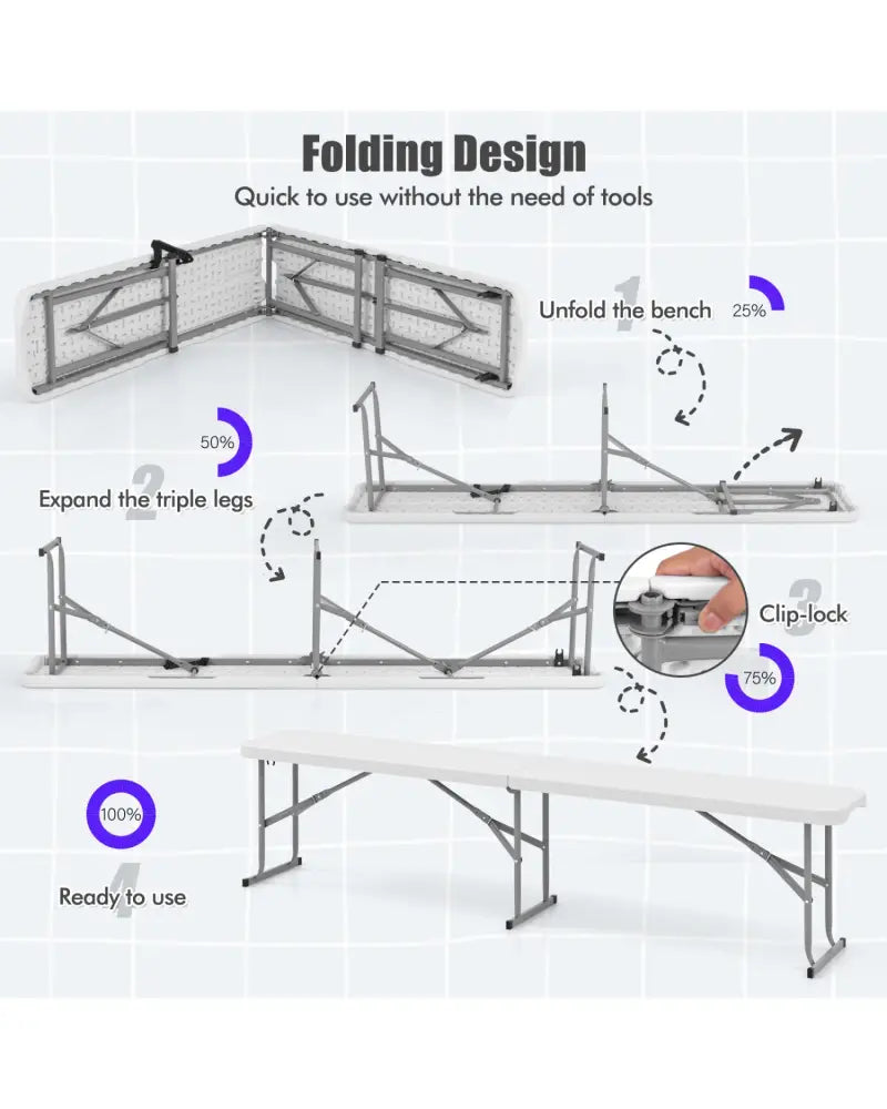 6 Feet Plastic Folding Bench Portable Seat with Handle and Lock-White - White - Outdoor Benches