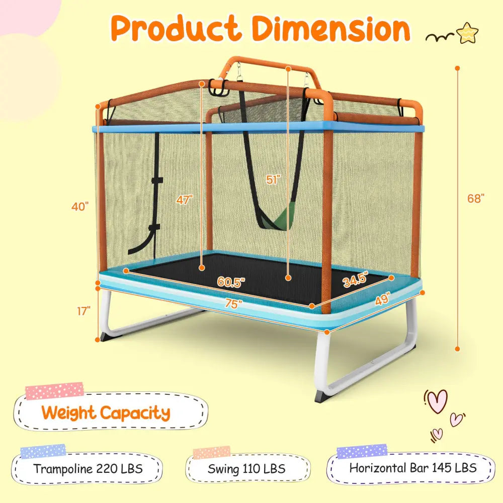 6 Feet Rectangle Trampoline with Swing Horizontal Bar and Safety Net-Orange - Orange - Trampolines