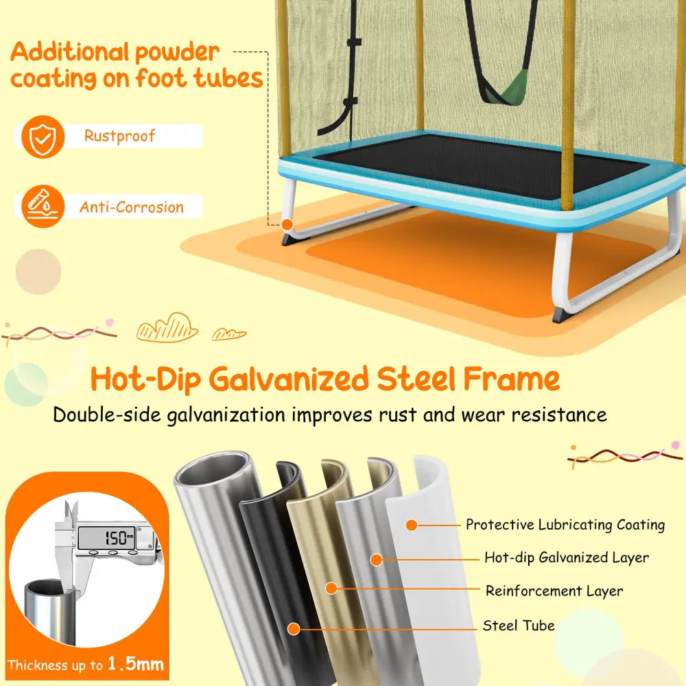 6 Feet Rectangle Trampoline with Swing Horizontal Bar and Safety Net-Yellow - Yellow - Trampolines