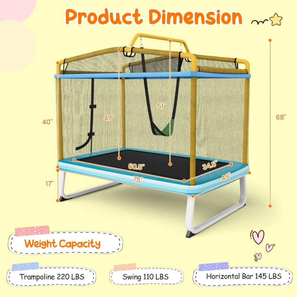 6 Feet Rectangle Trampoline with Swing Horizontal Bar and Safety Net-Yellow - Yellow - Trampolines