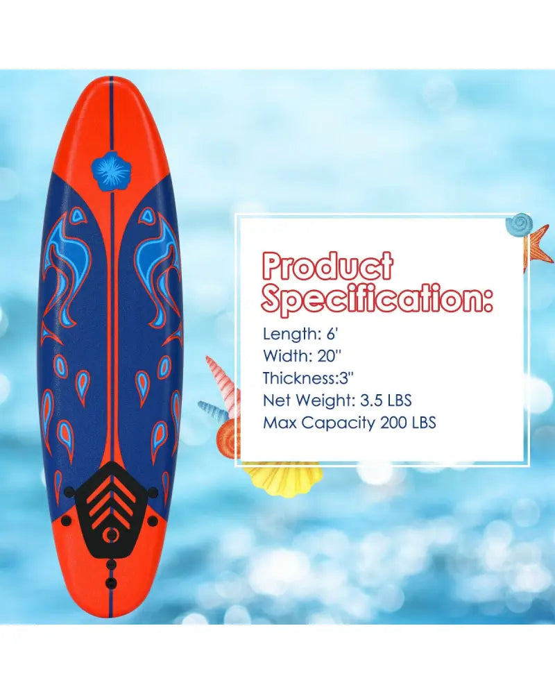 6 Feet Surfboard with 3 Detachable Fins-Red - Red - Surfing