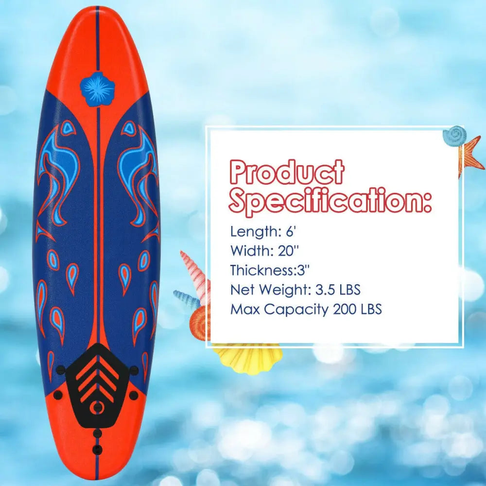 6 Feet Surfboard with 3 Detachable Fins-Red - Red - Surfing