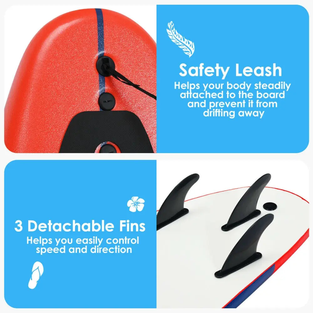 6 Feet Surfboard with 3 Detachable Fins-Red - Red - Surfing