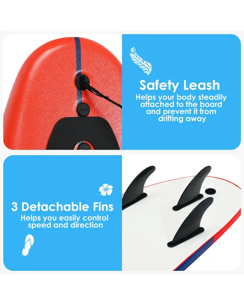 6 Feet Surfboard with 3 Detachable Fins-Red - Red - Surfing