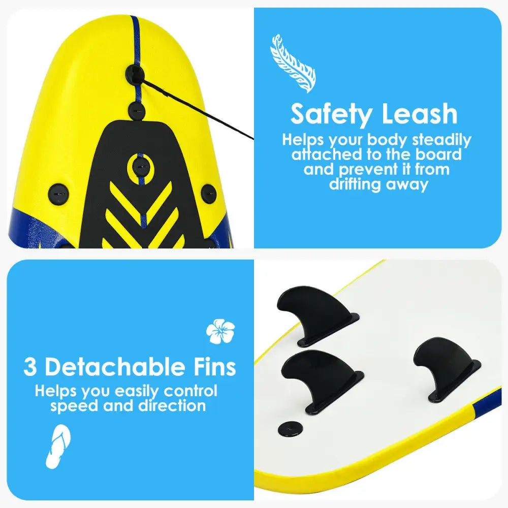 6 Feet Surfboard with 3 Detachable Fins-Yellow - Yellow - Surfing